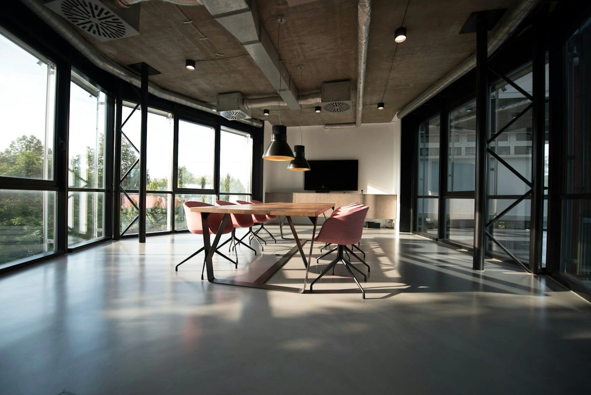 Refined contemporary studio interior flooded with natural light